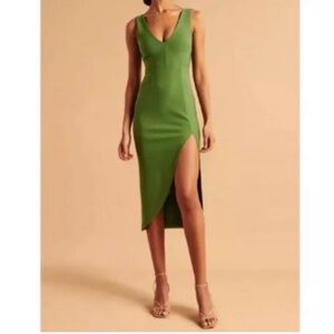 Abercrombie & Fitch Plunge V-Neck High-Slit Midi Dress, Green, Size XL